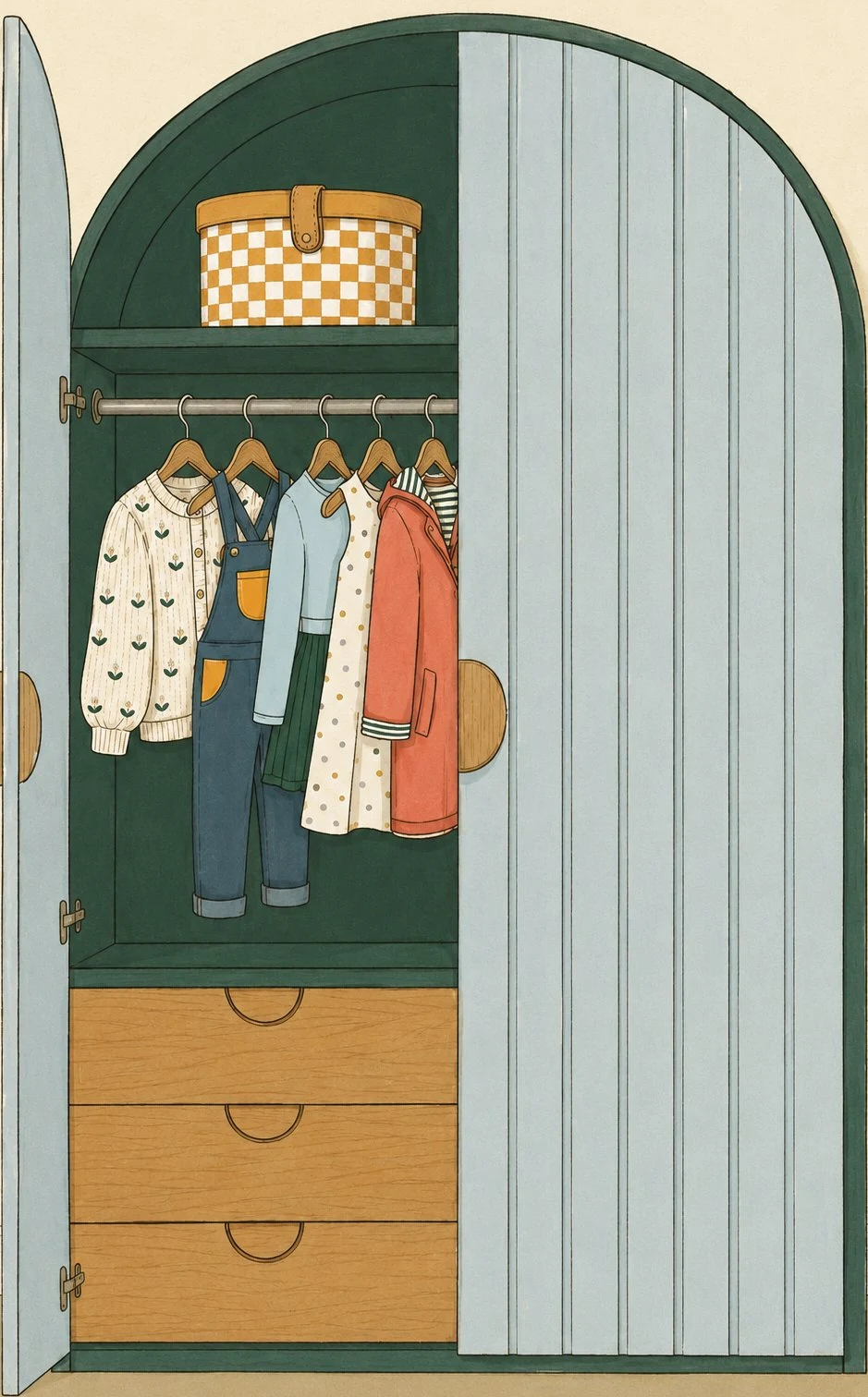 Illustrated children's wardrobe with hanging clothes and wooden drawers